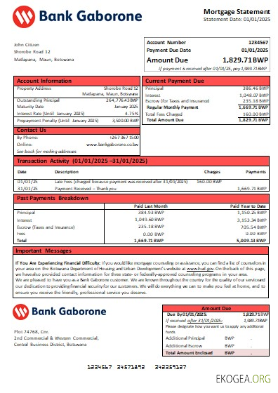 Botswana Bank Gaborone relevé hypothécaire de la banque scr